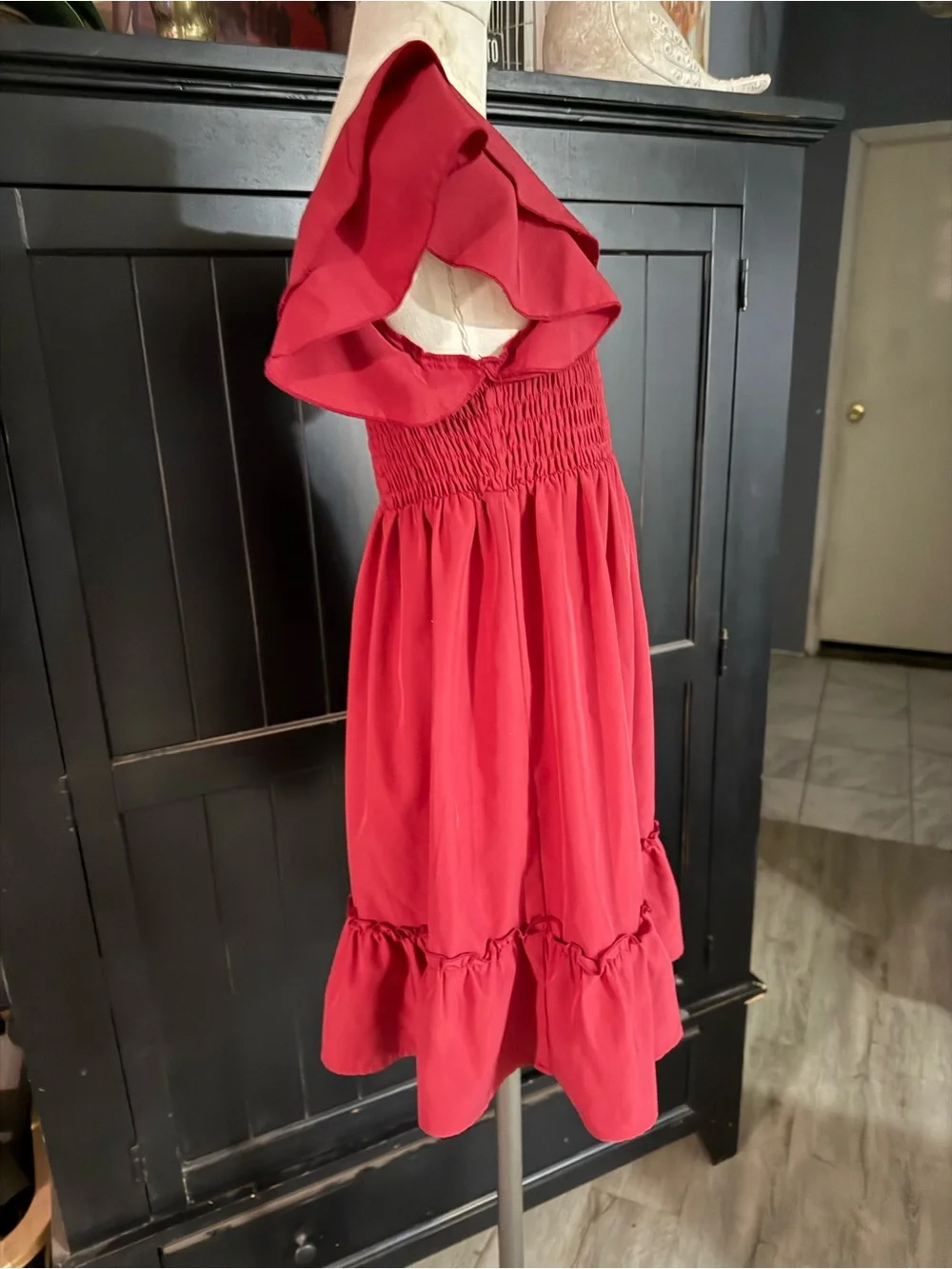 Girls Red Ruffle Sleeve Smocked Dress